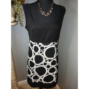 AB Studio Shift Dress Womens Sz 10 Black White Geometric Square Neck Sleeveless